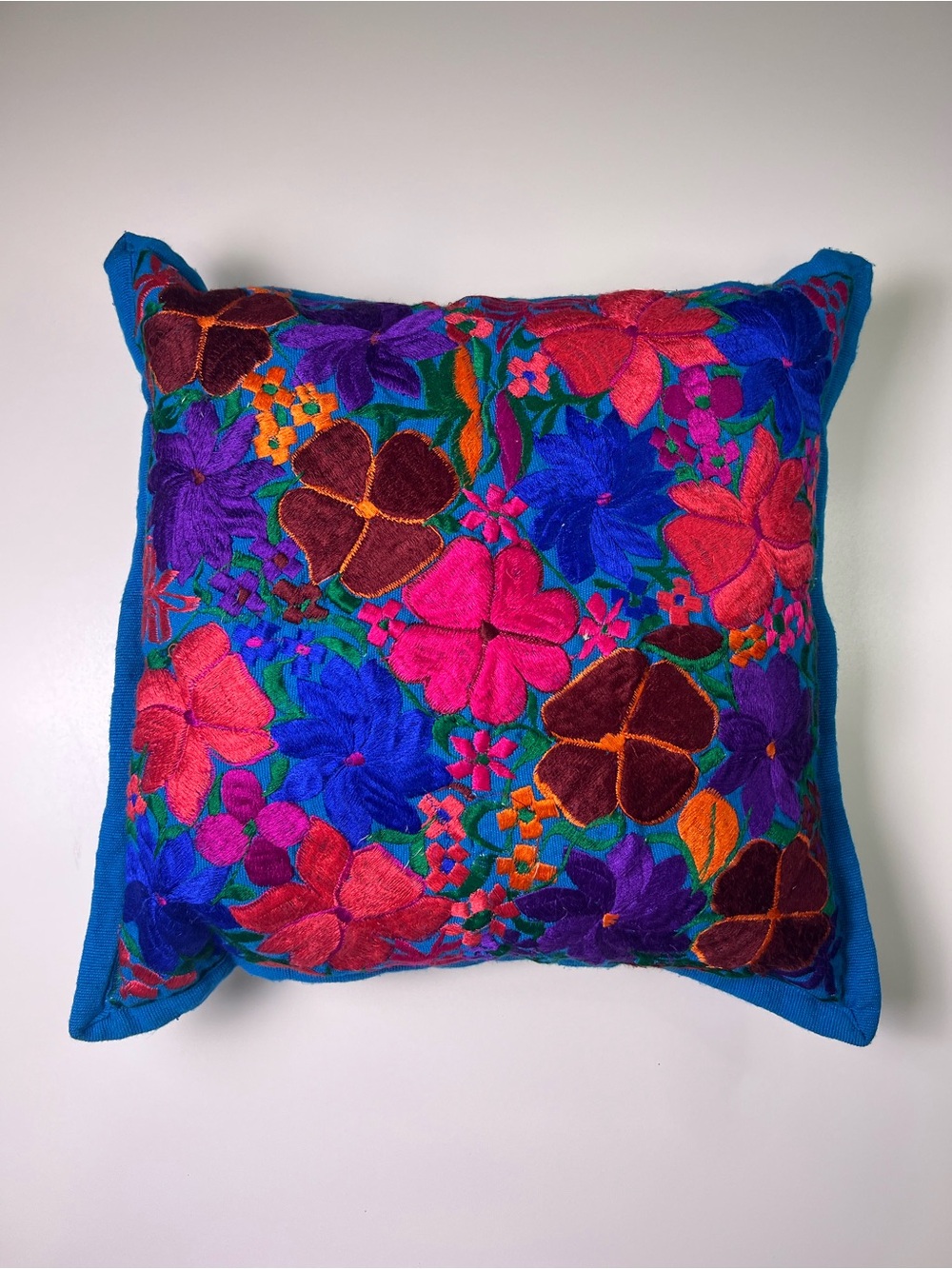 Colorful Mexican Folk Art Style Embroidered Throw Pillow 18” Square Boho Insert